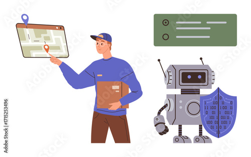 Courier holding a box checks a maps route on a digital device. Robot with shield suggests cybersecurity and automation. Ideal for logistics, navigation, AI, e-commerce, privacy, innovation, simple