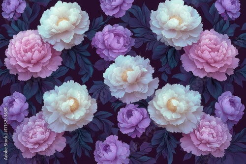 Seamless pattern of large pastel peony flowers in white, pink, and lavender shades with dark green leaves on a dark purple background conveying elegance and tranquility