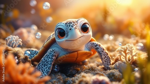 Close-up of an adorable baby sea turtle with large eyes resting on a sandy coral reef surrounded by bubbles and warm sunlight