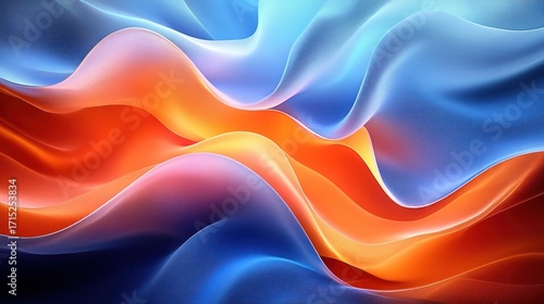 Smooth flowing abstract waves resembling silk fabric in vibrant shades of blue, orange, and red with soft gradients and fluid movement