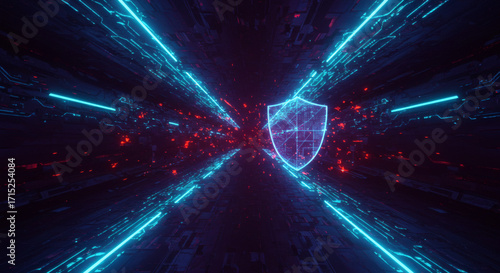Futuristic digital defense system depicted by a glowing shield symbol amidst a dynamic neon tunnel, emphasizing robust cyber security and network protection