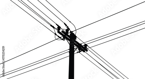 Utility pole silhouette, power lines crossing, electrical infrastructure, urban grid, energy distribution, industrial network, dramatic sky, high voltage, city wires, dusk