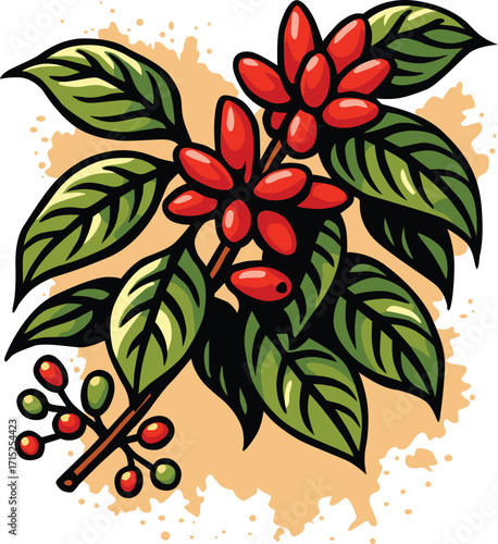 Colorful flat style coffee plant branch with red cherries and green leaves on textured background. Editable EPS file perfect for cafe branding, organic product labels, farm logos, or botanical graphic