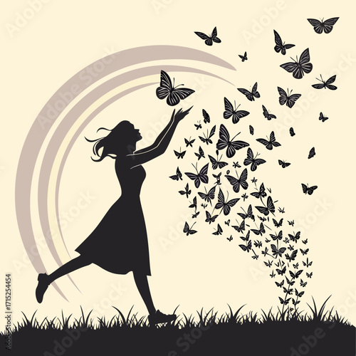 “Silhouette of a woman dissolving into a cloud of butterflies, wings spreading across glowing horizon, symbolizing transformation, freedom, and ethereal feminine energy.”