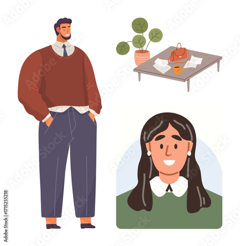 Man in sweater with hands in pockets, smiling woman in green, desk with potted plant, laptop, cup, and papers. Ideal for workplace, lifestyle, teamwork diversity productivity casual simple flat