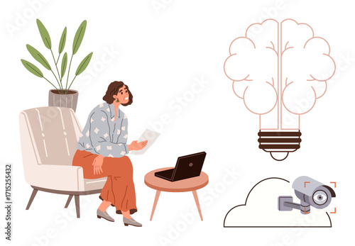 Woman seated with papers, laptop on the table, potted plant in background. Light bulb symbolizing ideas, CCTV camera and cloud for surveillance and technology. Ideal for remote work, creativity