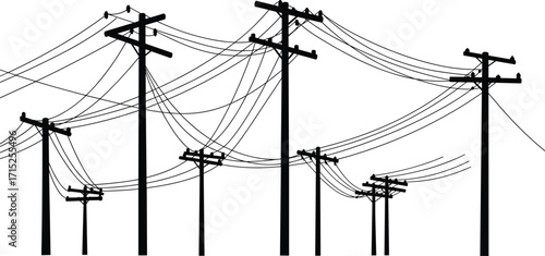 Utility poles perspective, power lines network, electrical infrastructure, rural energy grid, overhead wiring, voltage system, depth view, urban silhouette, connectors, insulators