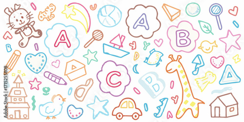 Whimsical hand drawn alphabet letters and cute objects for childrens education and play