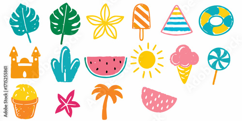 Collection of bright and colorful hand drawn summer vacation icons and symbols