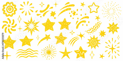 Collection of hand drawn yellow starbursts fireworks and celestial elements on white background