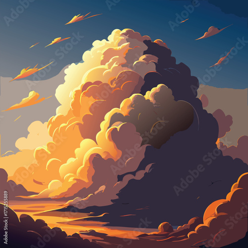 Expansive sky with glowing sunset clouds and birds
