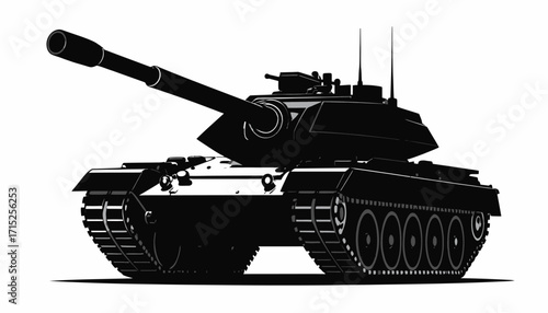A powerful military tank, depicted in a stark black and white silhouette, showcases its imposing design and weaponry.