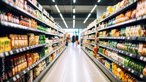 Wallpaper Mural View down aisle in supermarket with stocked shelves displaying a variety of food products in commercial setting Torontodigital.ca