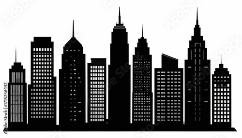 A stark black-and-white silhouette of a city skyline, showcasing a cluster of skyscrapers of varying heights and architectural styles.