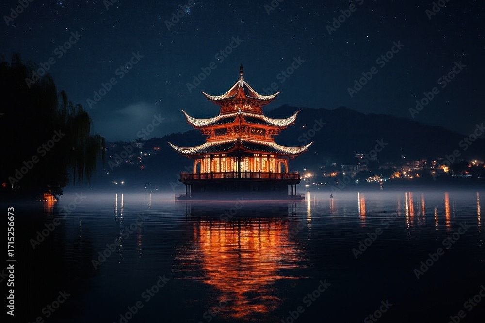 Obraz premium Illuminated traditional pagoda temple glowing warmly on calm water at night with soft mist and starry sky