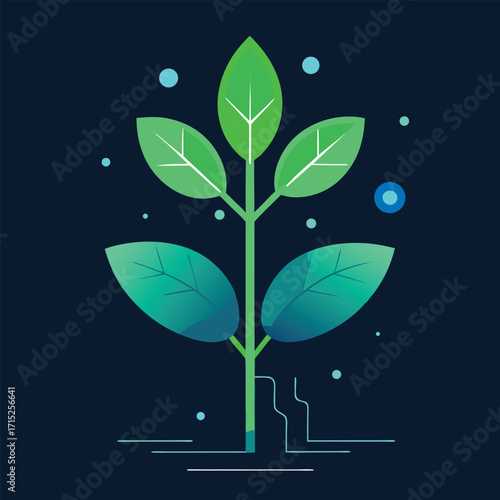 Glowing digital plant with blue particles on dark background