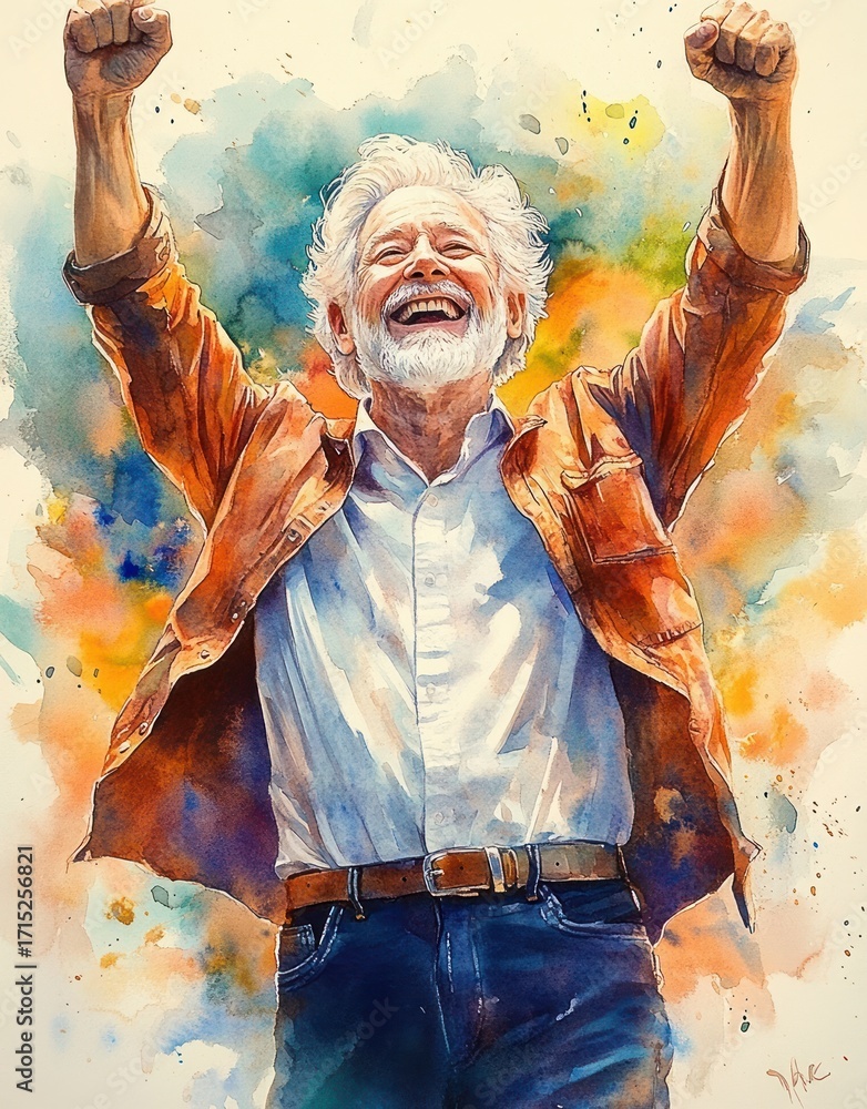 Fototapeta premium Joyful elderly man with white hair and beard raising fists in celebration wearing an orange jacket and blue jeans against a colorful abstract background