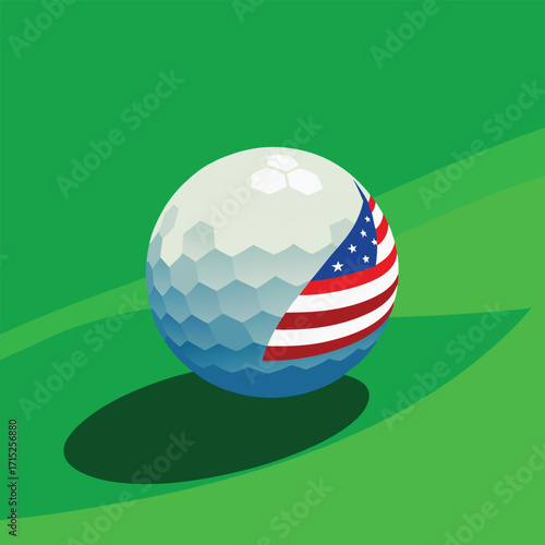 Golf ball with American flag pattern on green golf course