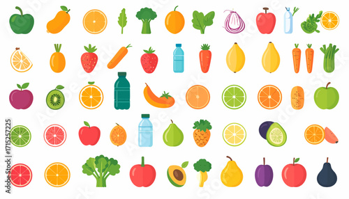Colorful flat-lay collection of various fruits, vegetables, and drinks.