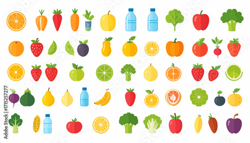 A vibrant collection of various fruits, vegetables, and water bottles arranged in a grid.
