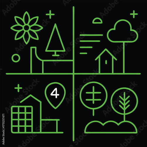 Green Neon Line Art Icons on Black Background collection
