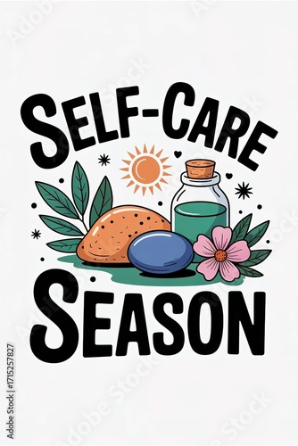 Self Care Season Illustrated with Essential Oil Bottle and Stone