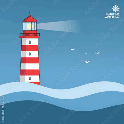 A majestic red and white striped lighthouse stands tall amidst the rolling blue waves, emitting a powerful guiding light for safe maritime navigation and serene ocean voyages