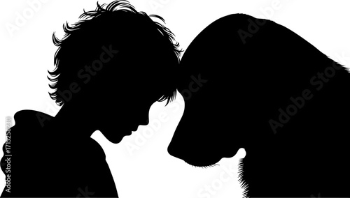 Boy and dog touching heads in silhouette against white background  