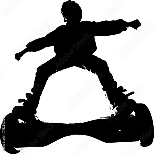 Young boy performing tricks on hoverboard in dynamic pose  