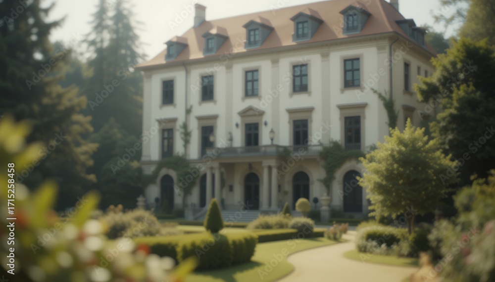 Fototapeta premium Elegant historical mansion surrounded by ornate gardens nestled in tranquil greenery on a bright day