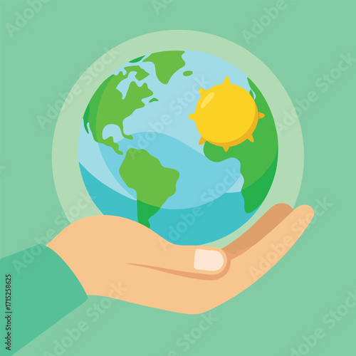 Hand holding the Earth with sun planet globe
