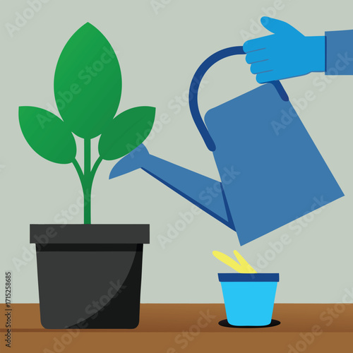 Hand watering a plant and a small seedling with yellow liquid
