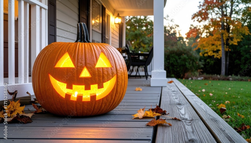 Fototapeta premium Illuminated Jack O'Lantern on Autumn Porch
