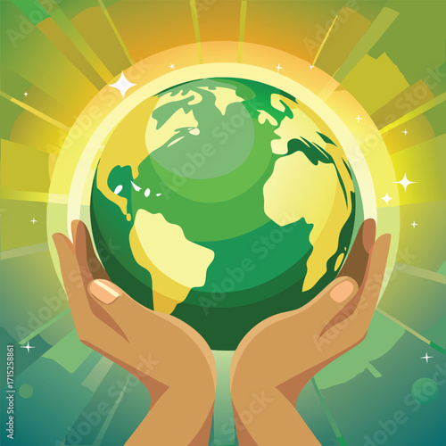 Hands holding planet Earth with glowing sunburst background