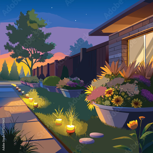Illuminated garden pathway at dusk with potted flowers