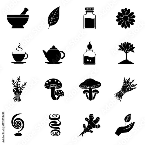 Collection of black glyph icons representing herbal wellness, natural medicine, and aromatherapy symbols for holistic health