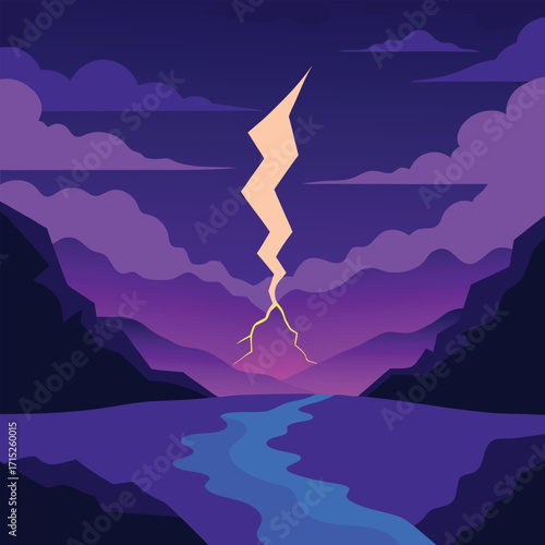 Lightning strike over a river and mountains at dusk