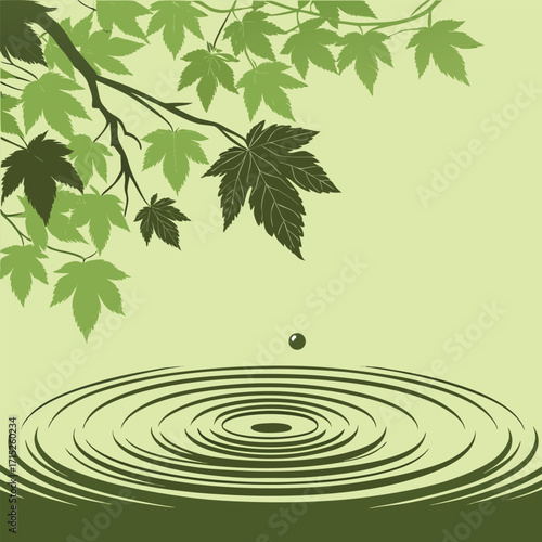 Maple leaves and water ripples with falling drop branch