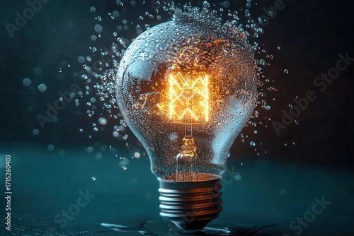 Close-up of a glowing light bulb with water droplets bursting around it on a dark background conveying energy and innovation