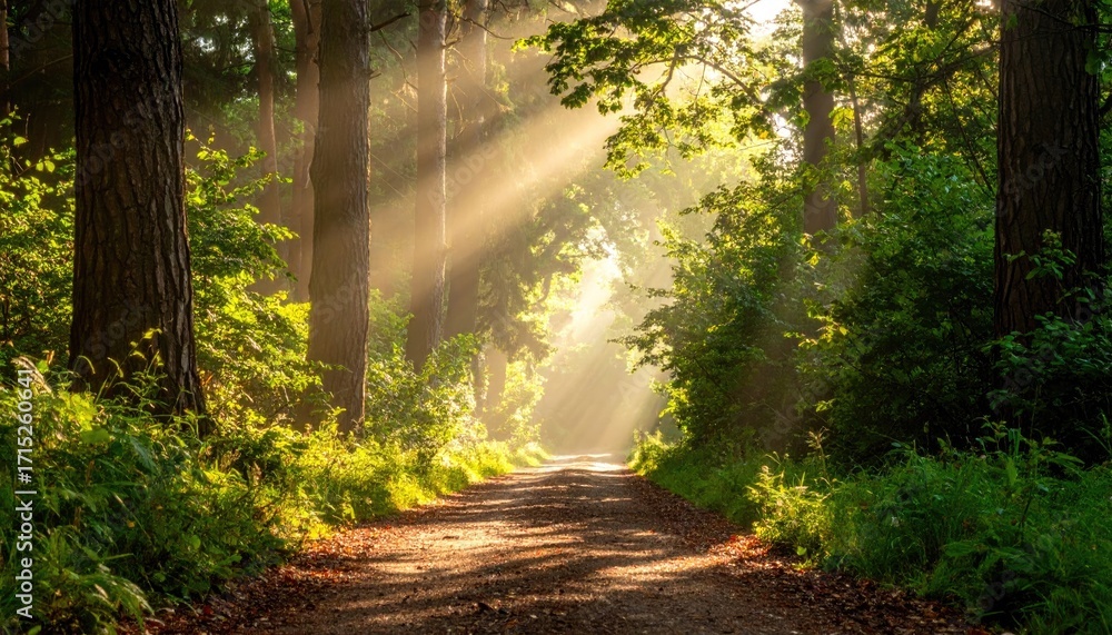 Obraz premium Sunlit Forest Path: Morning Light Through Trees
