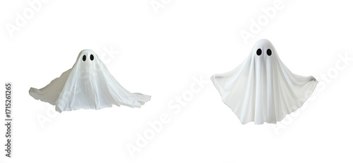 Two ghosts with black eyes on transparent background, cut out