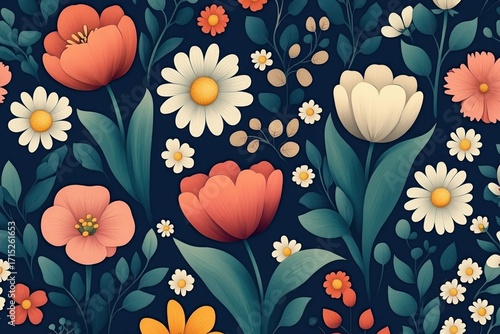 Seamless floral pattern with various stylized flowers including daisies, tulips, and small blossoms in warm pastel colors on a dark blue background