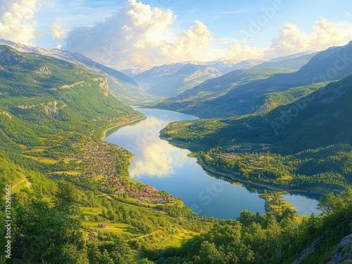 Serene valley with a calm river flowing through lush green hills and small villages under a partly cloudy sky, surrounded by tall mountains
