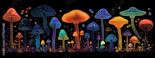Colorful glowing mushrooms of various sizes and shapes illuminated against a dark background with small floating orbs creating a magical, vibrant forest scene