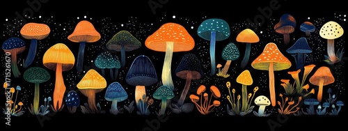 Colorful variety of glowing mushrooms and fungi in shades of orange, yellow, blue, and white against a dark starry background, creating a magical and whimsical scene