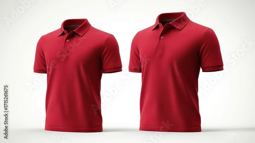Two red short-sleeve polo shirts displayed side by side on a plain white background showcasing front and side views