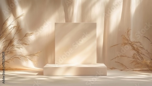 Minimalist beige display stand with soft natural light and dried ornamental grasses casting delicate shadows on smooth fabric background