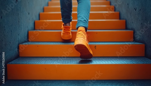 Person wearing orange sneakers ascending bright orange stairs with concrete walls on the sides in a modern setting