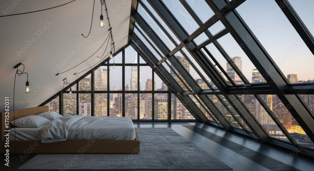 Fototapeta premium A modern loft bedroom boasts expansive city views, with geometric, dark-framed windows and warm-toned wooden furnishings.