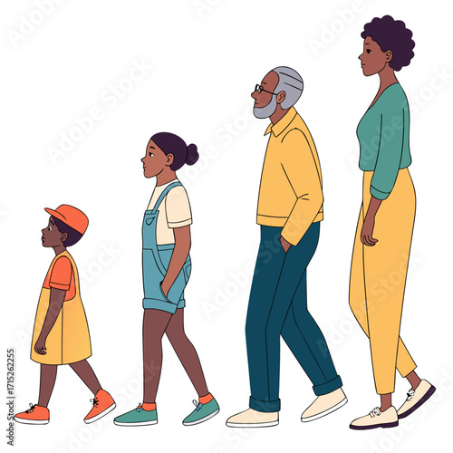 A diverse family of four, including a child, teenager, grandfather, and mother, are walking in a line, the illustration shows the cycle of life